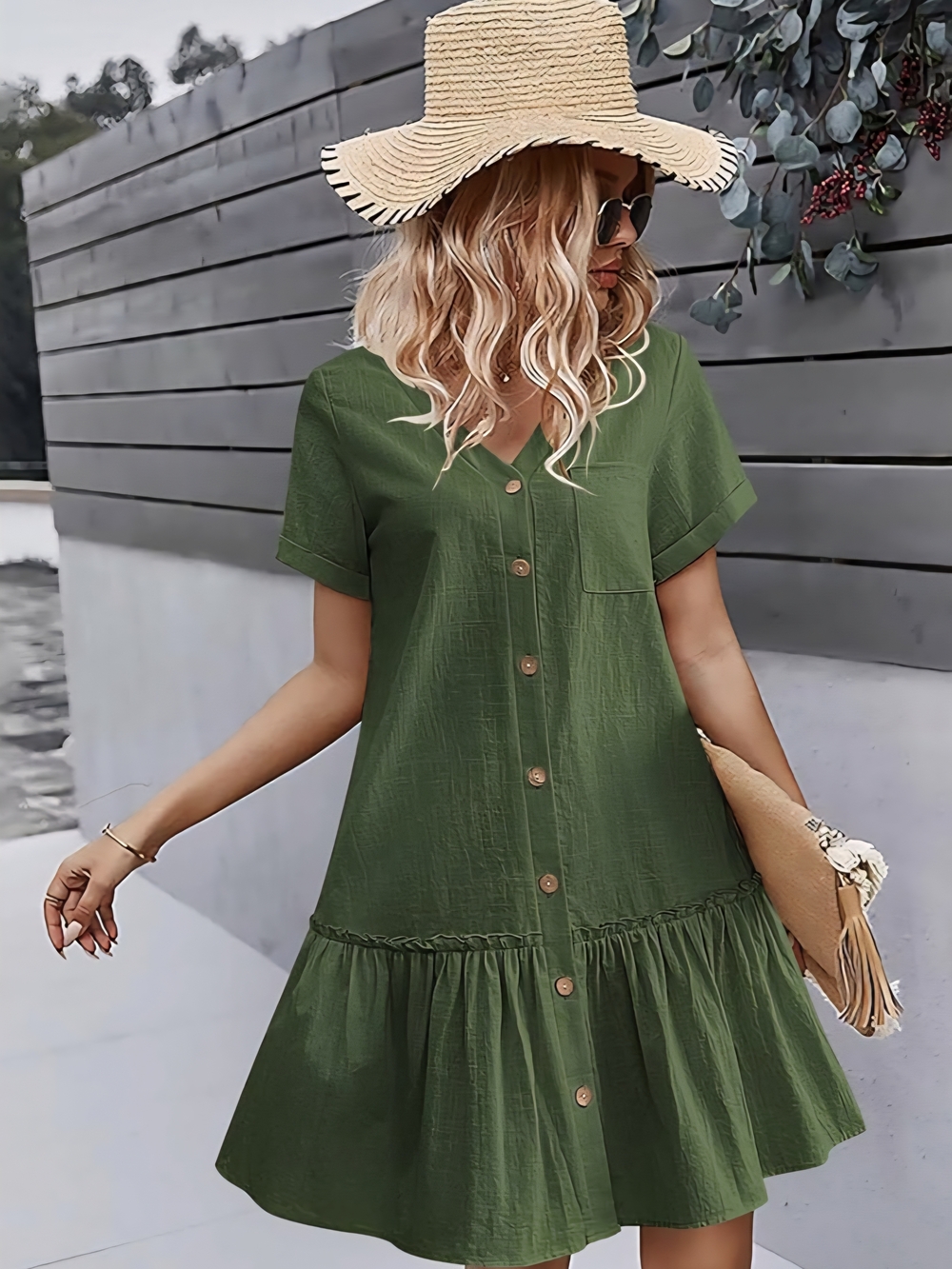 Hotouch Women Button Down Dress Loose Summer Cotton Linen Shirt Ruffle Dress
